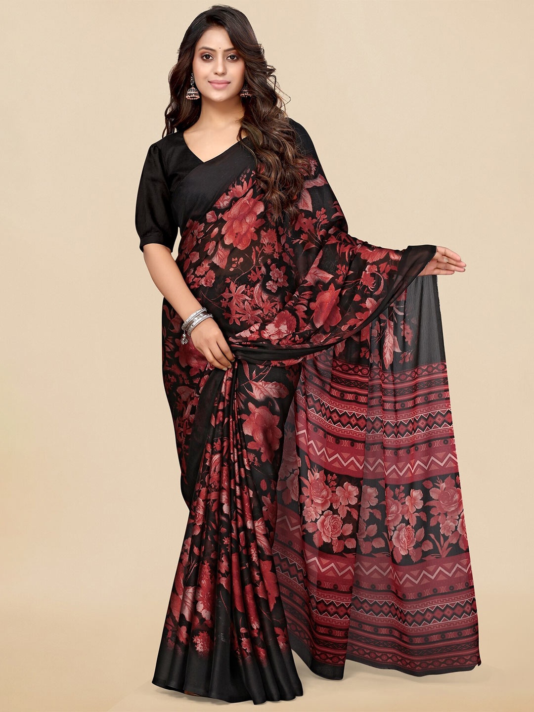 

KALINI Floral Printed Saree, Black