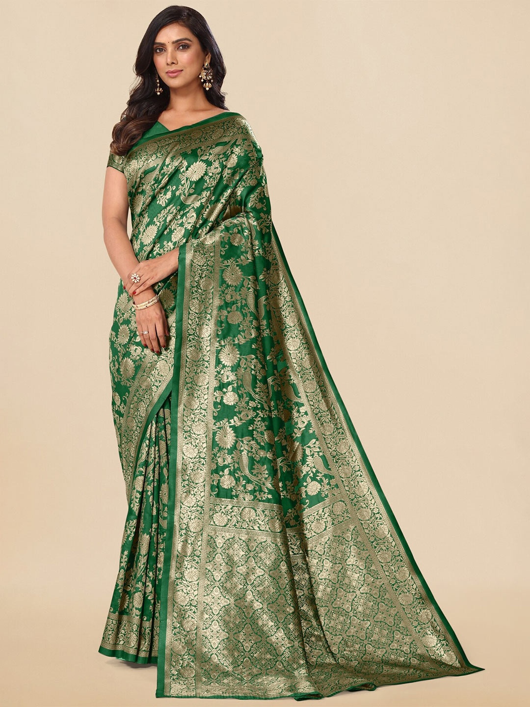 

KALINI Ethnic Motifs Woven Design Zari Banarasi Saree, Green