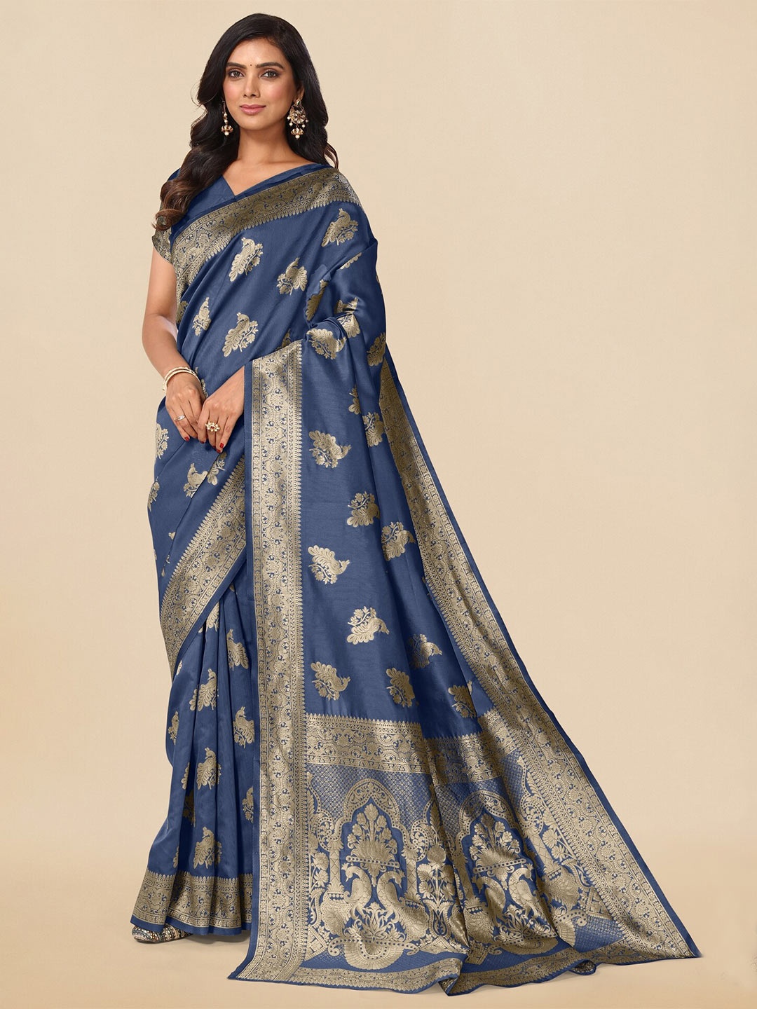 

KALINI Woven Design Zari Banarasi Saree, Navy blue