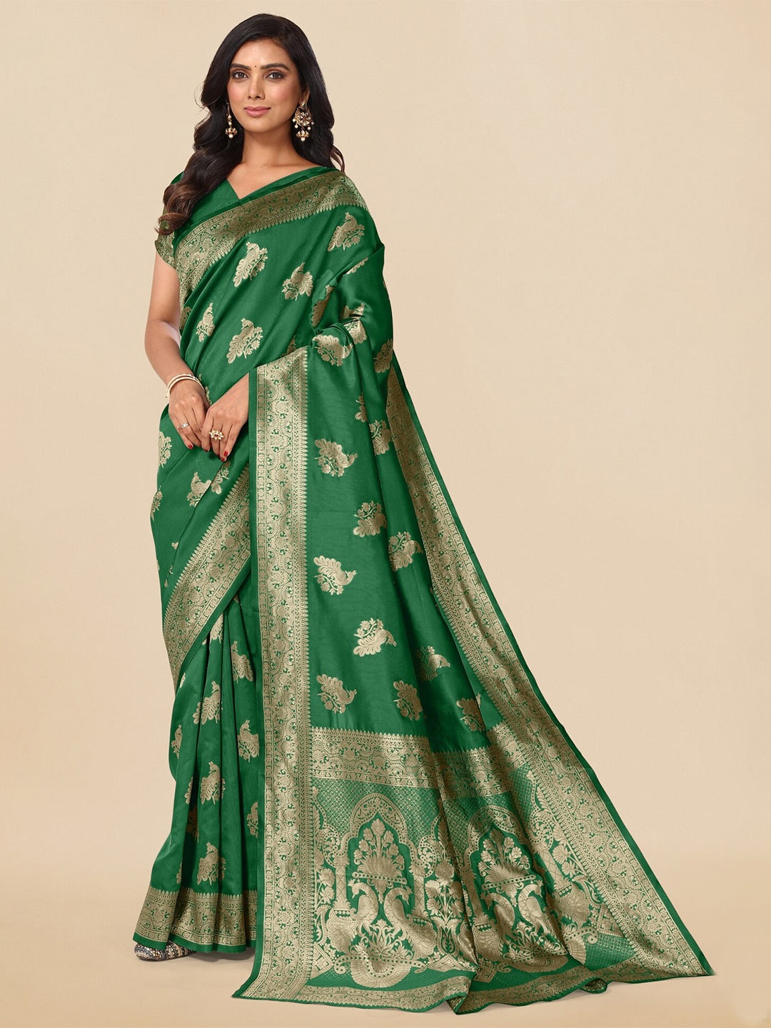 

KALINI Ethnic Motif Woven Design Zari Banarasi Saree, Green