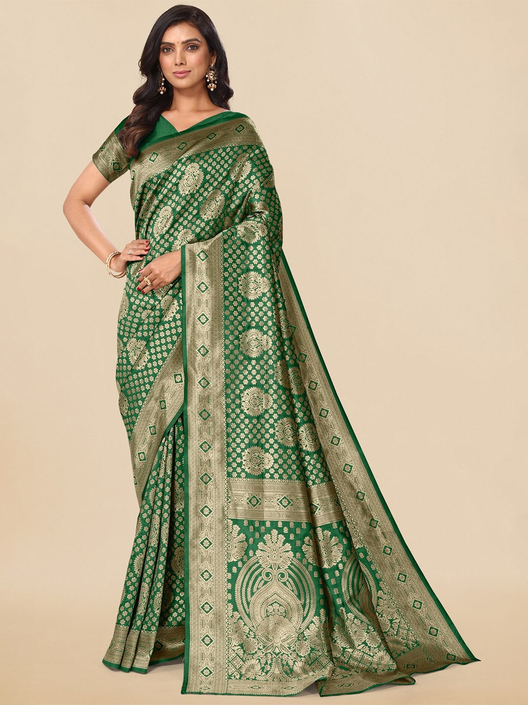 

KALINI Woven Design Zari Banarasi Silk Saree, Green