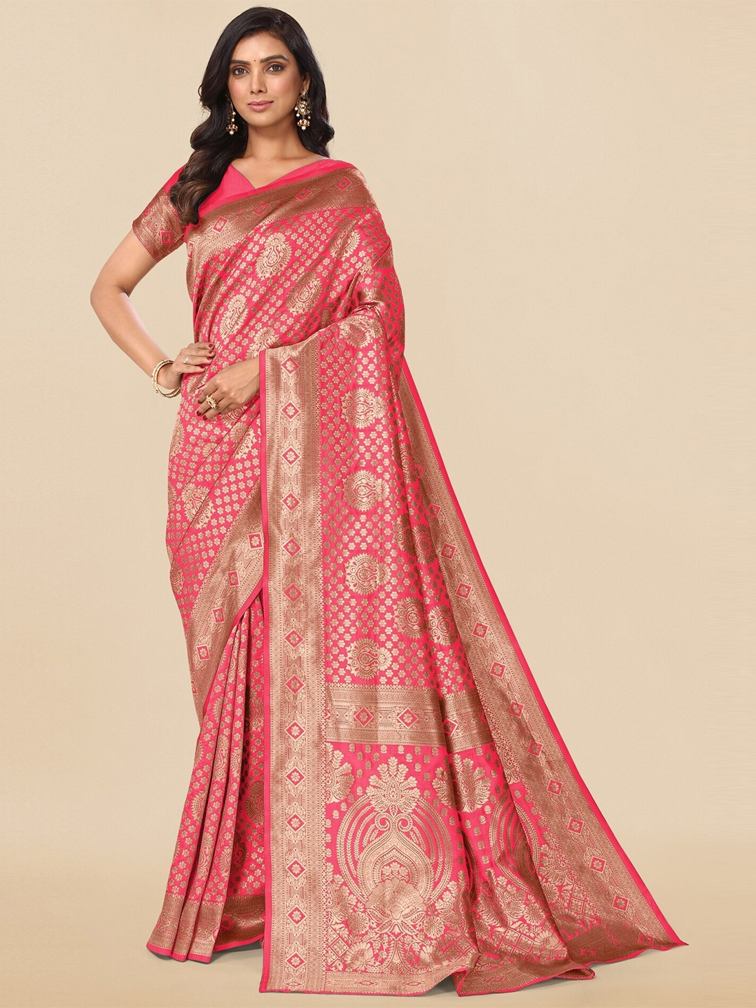 

KALINI Ethnic Motifs Zari Silk Blend Banarasi Saree, Pink