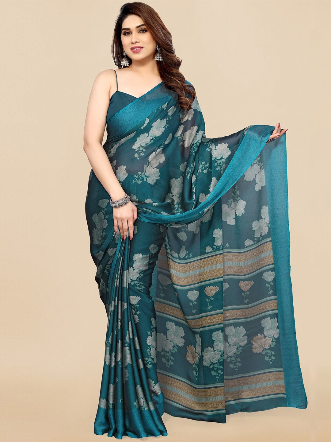 

KALINI Floral Printed Poly Chiffon Saree, Turquoise blue