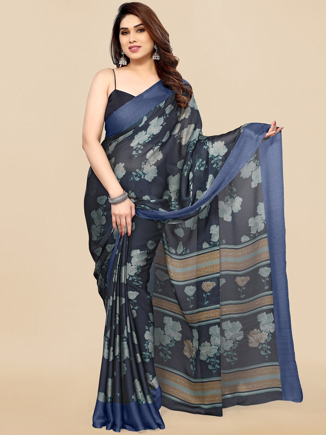 

KALINI Floral Printed Poly Chiffon Saree, Navy blue