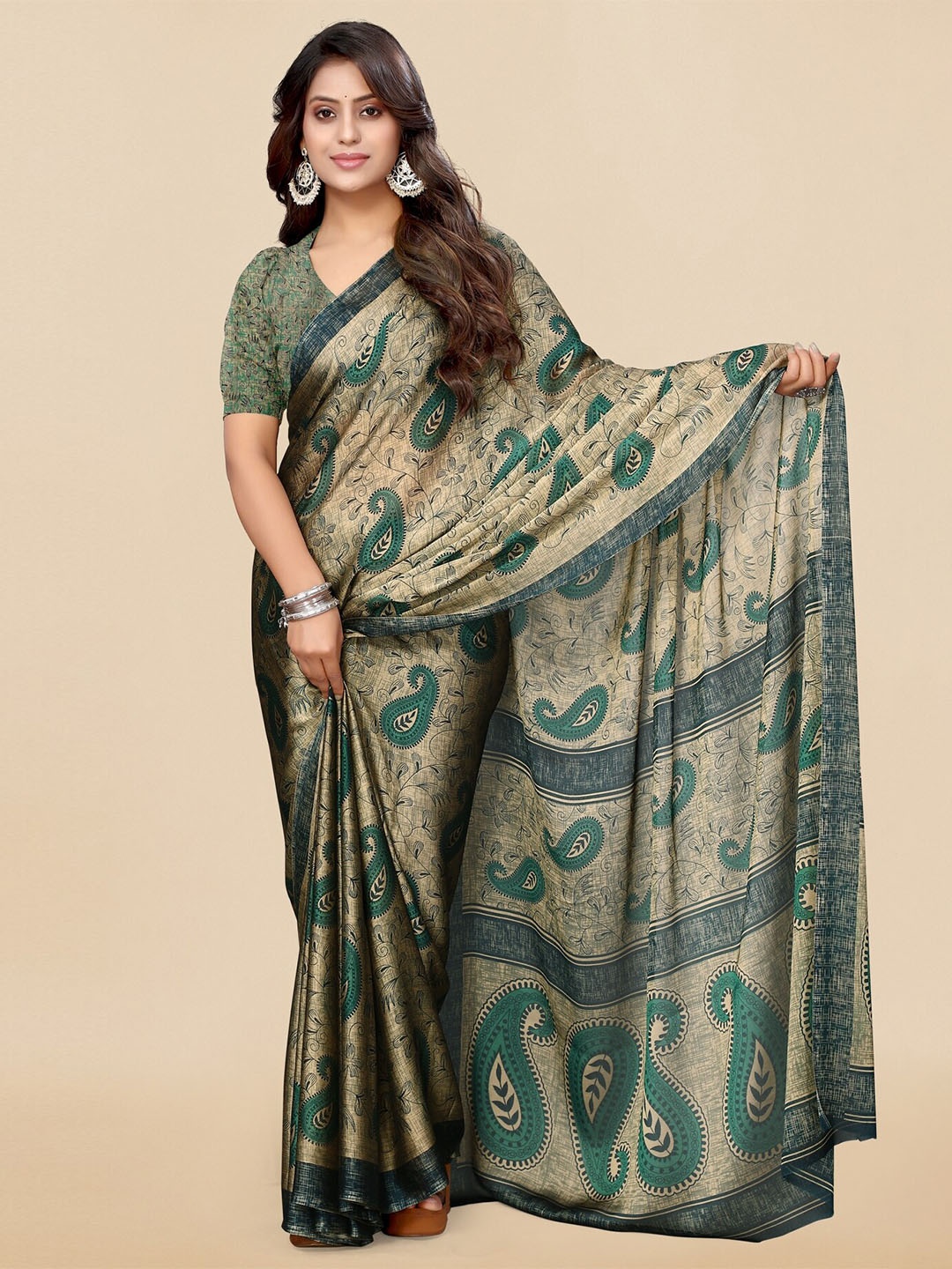 

KALINI Paisley Motif Printed Saree, Beige
