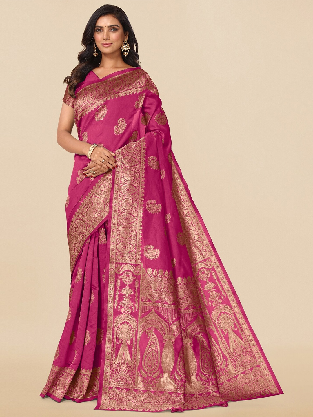 

KALINI Ethnic Motifs Woven Design Zari Banarasi Saree, Magenta