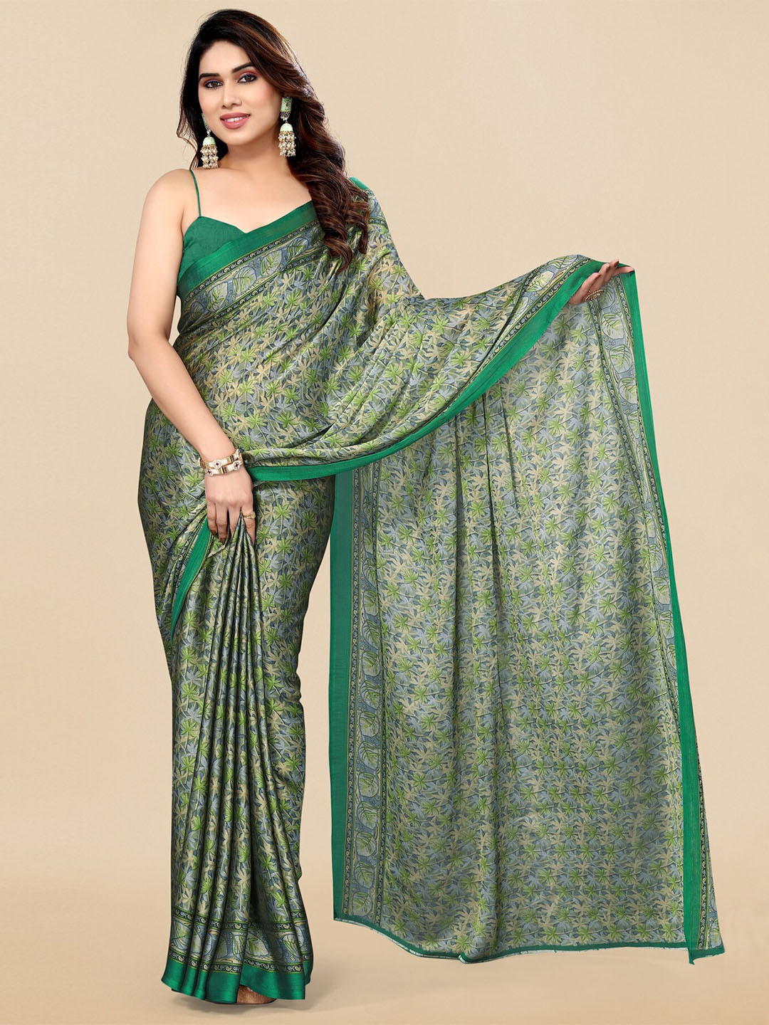 

KALINI Floral Printed Poly Chiffon Saree, Green