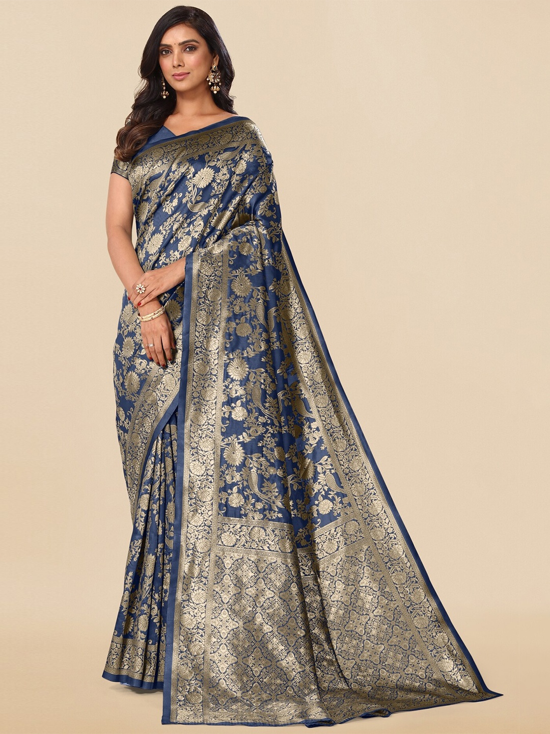 

KALINI Floral Woven Design Zari Banarasi Saree, Navy blue