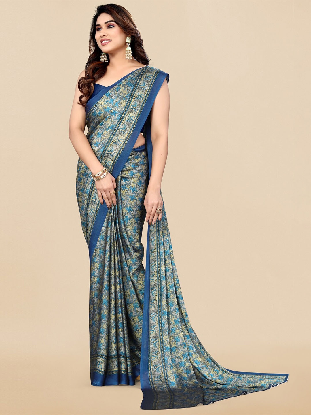 

KALINI Floral Printed Poly Chiffon Saree, Blue