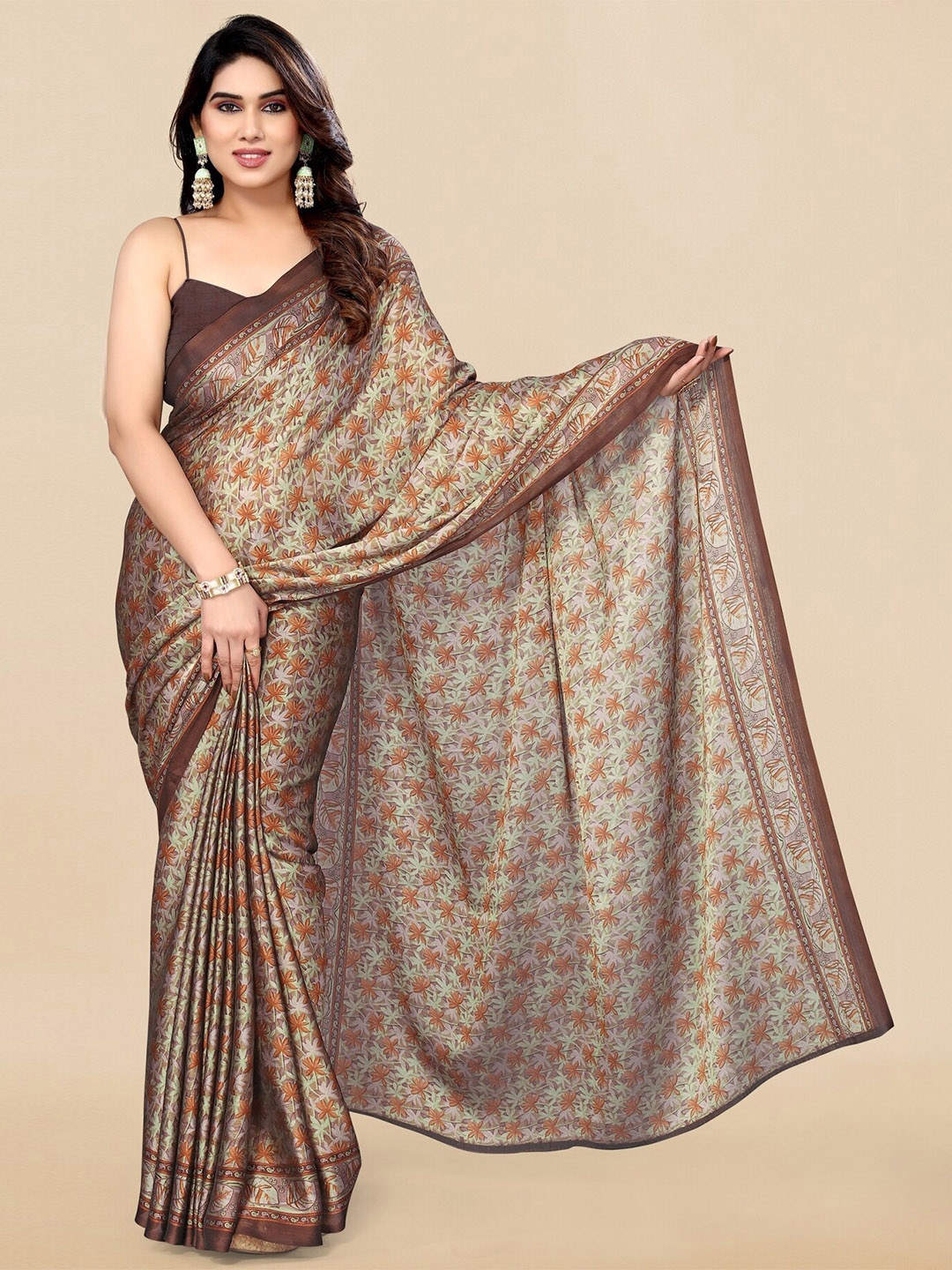 

KALINI Ethnic Motifs Printed Poly Chiffon Saree, Brown