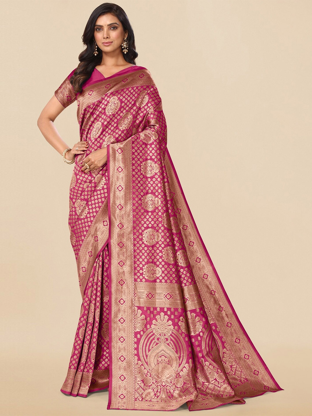 

KALINI Woven Design Zari Silk Blend Banarasi Saree, Magenta