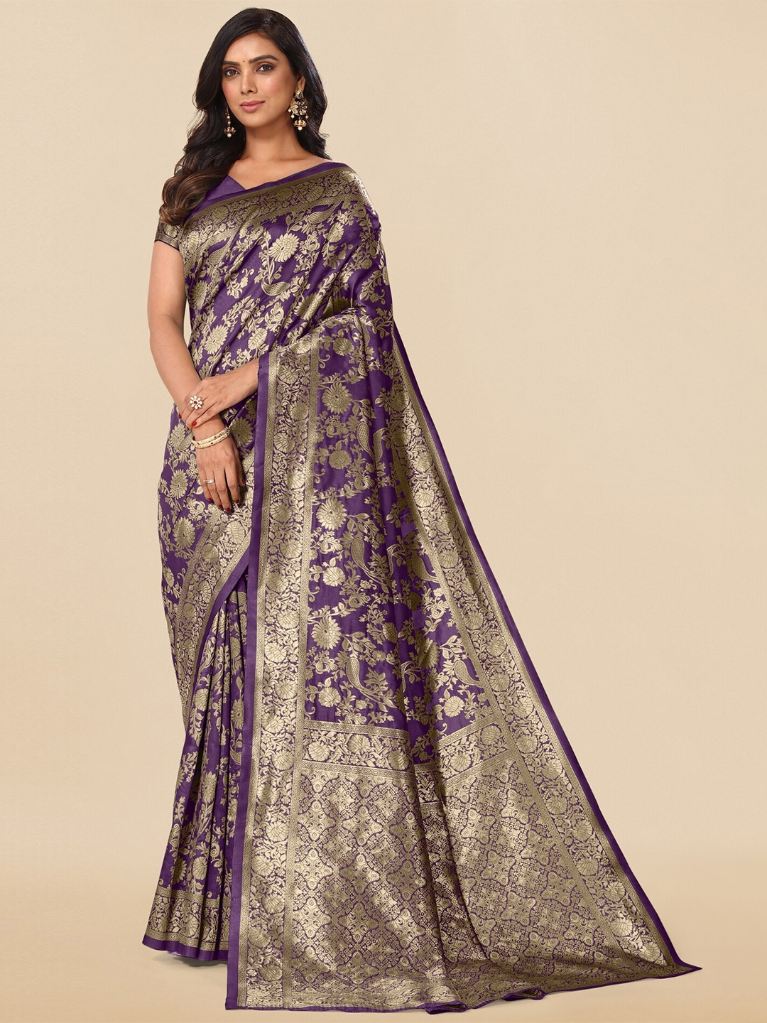 

KALINI Woven Design Zari Silk Blend Banarasi Saree, Purple