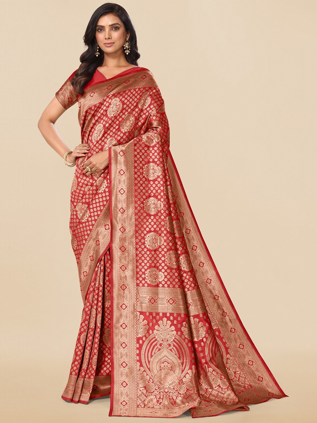 

KALINI Ethnic Motifs Woven Design Zari Banarasi Saree, Red