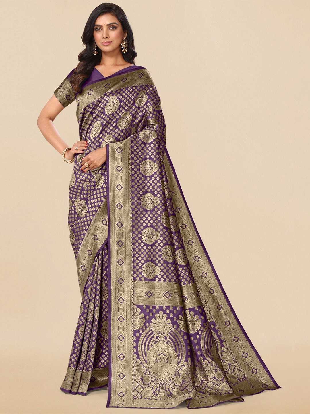 

KALINI Ethnic Motifs Woven Design Zari Banarasi Saree, Purple