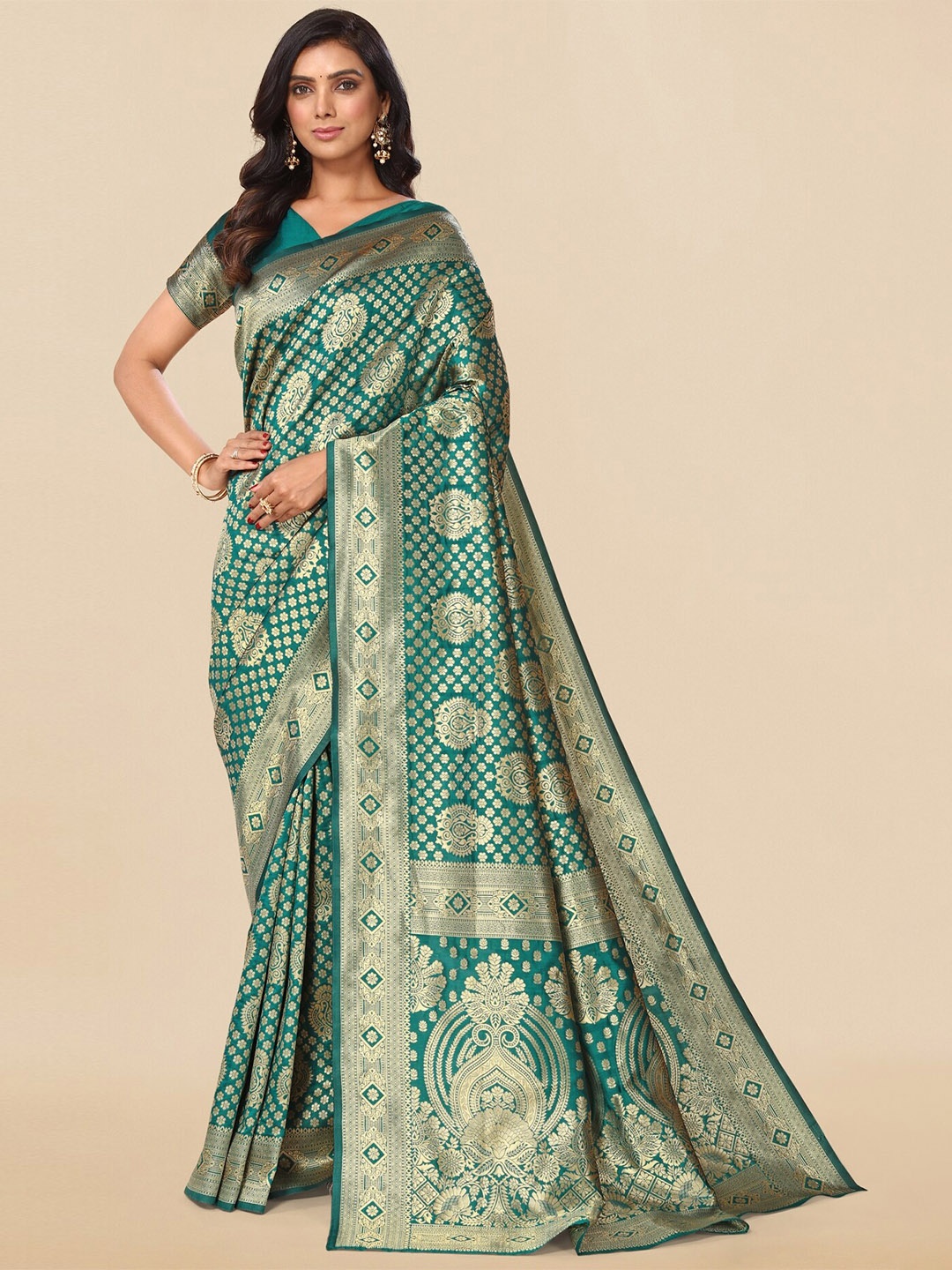 

KALINI Ethnic Motifs Woven Design Zari Banarasi Saree, Teal