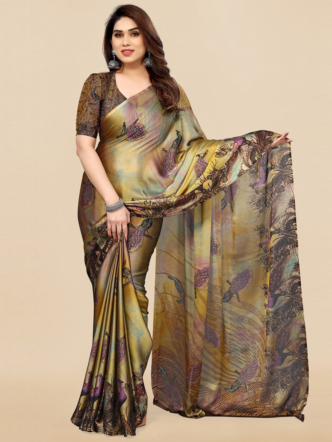 

KALINI Floral Printed Saree, Brown
