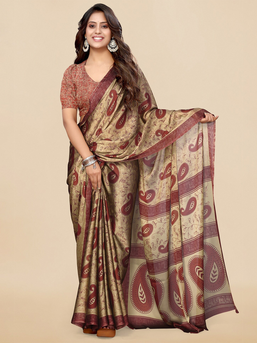 

KALINI Paisley Printed Saree, Beige