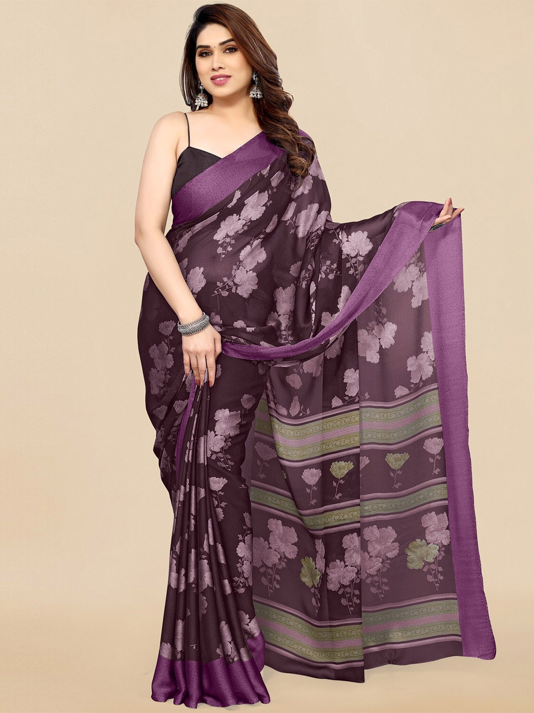 

KALINI Floral Printed Poly Chiffon Saree, Purple