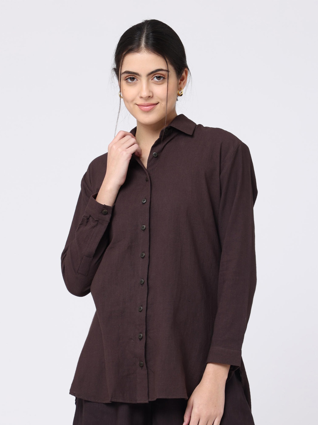 

Saltpetre Spread Collar Classic Organic Cotton Casual Shirt, Coffee brown