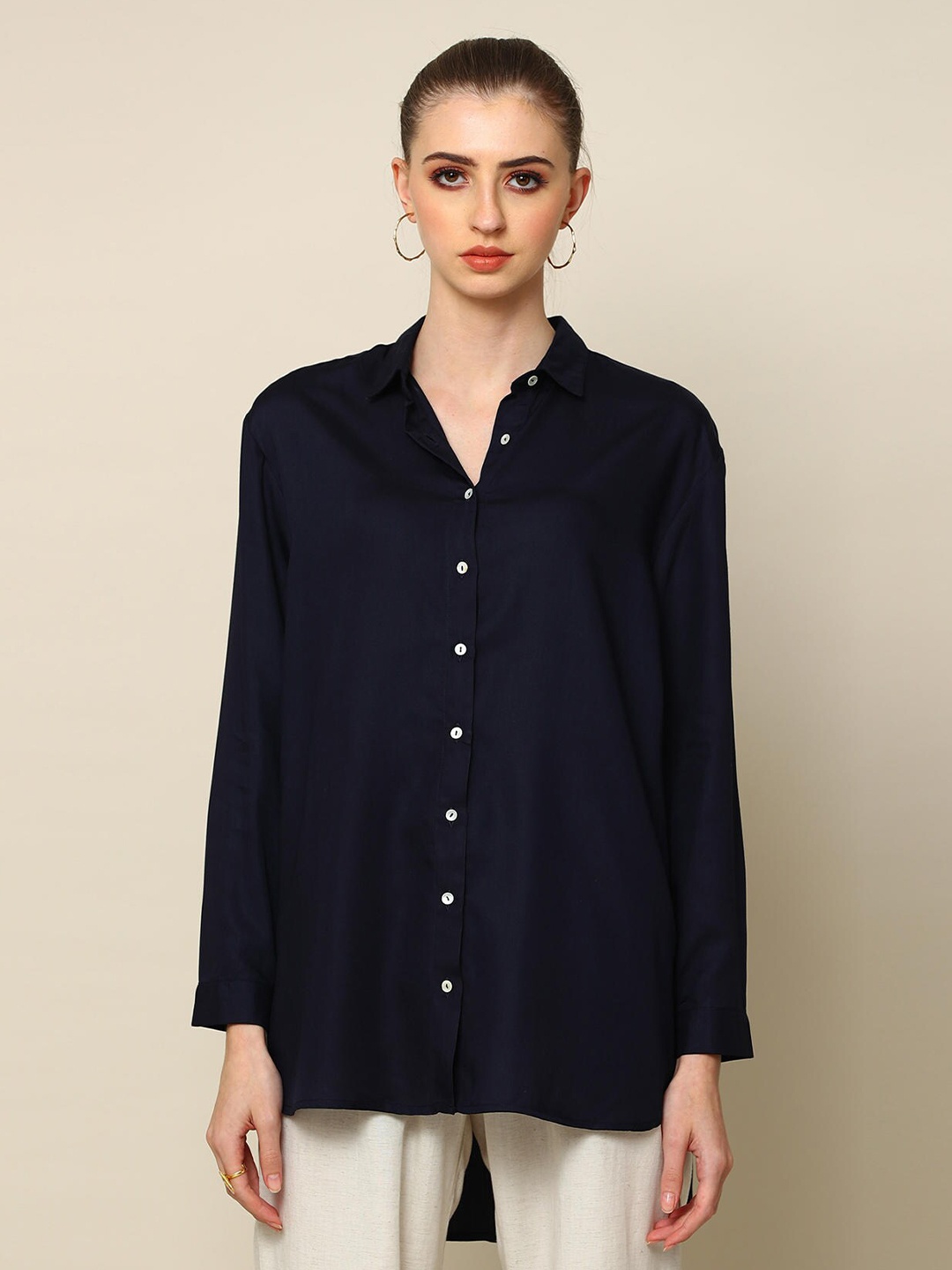 

Saltpetre Classic Spread Collar Organic Cotton Longline Casual Shirt, Navy blue