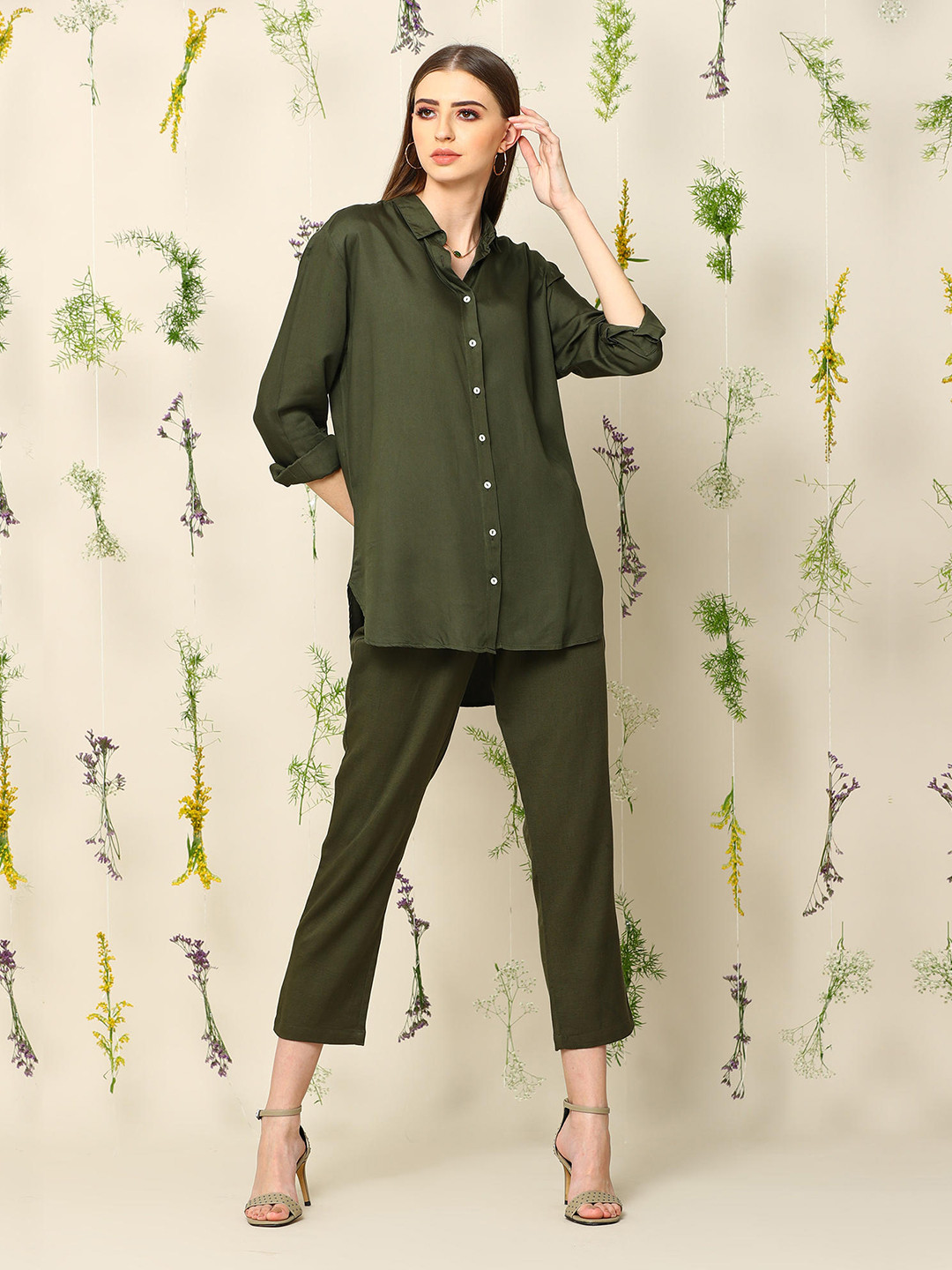 

Saltpetre Classic Spread Collar Longline Modal Casual Shirt, Olive