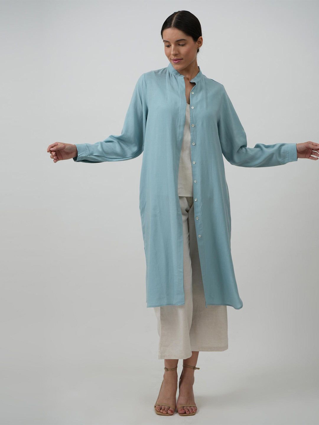 

Saltpetre Band Collar Classic Cotton Casual Longline Shirt, Blue