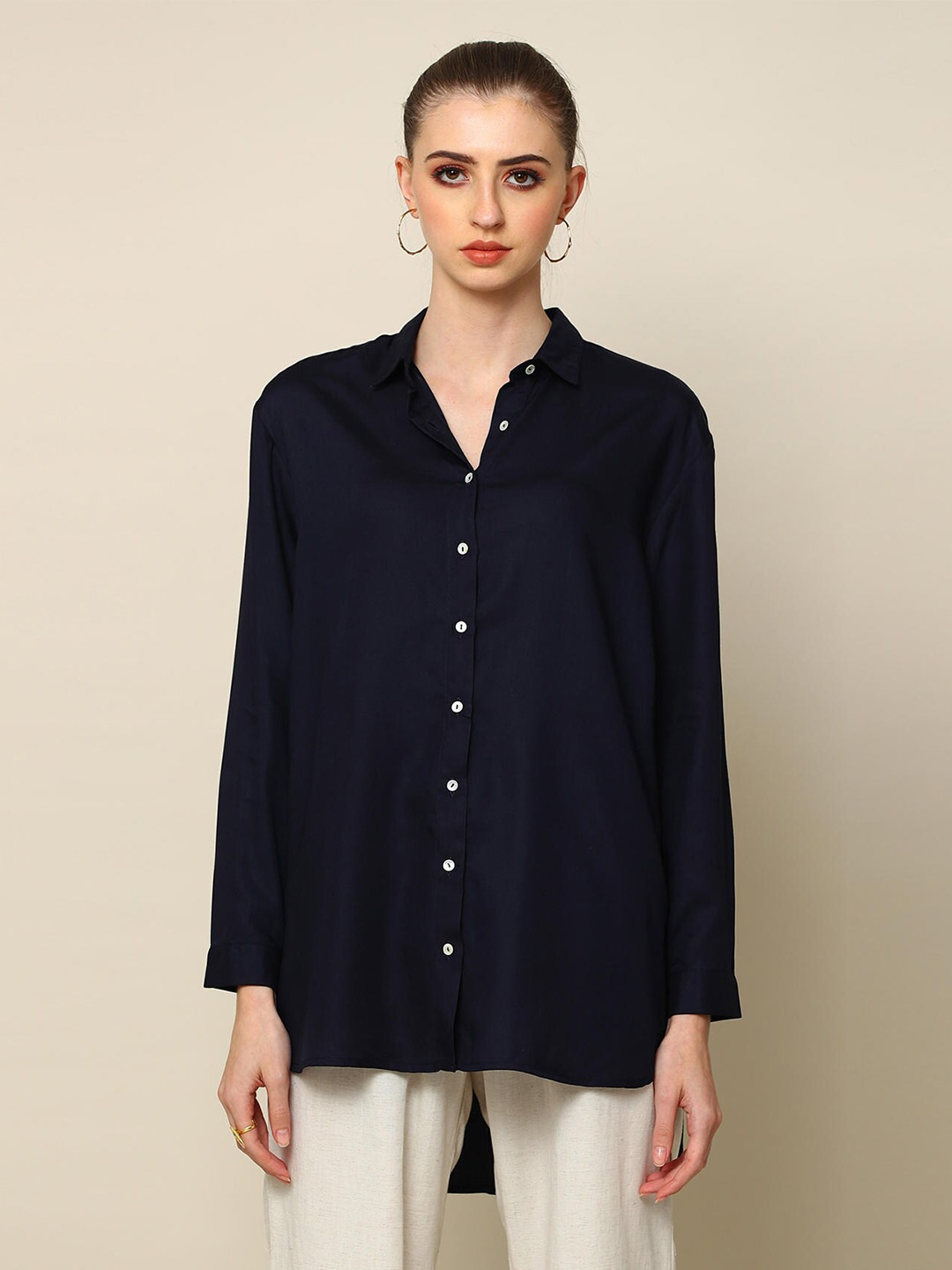 

Saltpetre Classic Spread Collar Organic Cotton Longline Casual Shirt, Navy blue