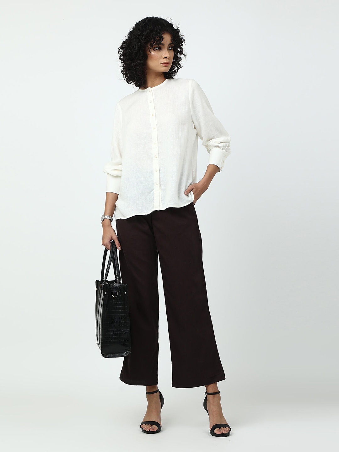 

Saltpetre Classic Mandarin Collar Long Sleeve Linen Casual Shirt, Off white