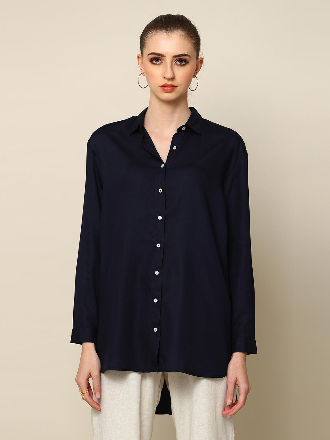 

Saltpetre Classic Spread Collar Organic Cotton Longline Casual Shirt, Navy blue