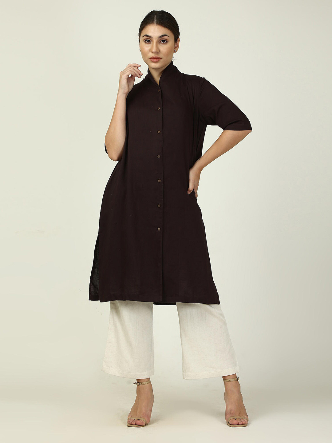 

Saltpetre Band Collar A-Line Linen Kurta, Coffee brown