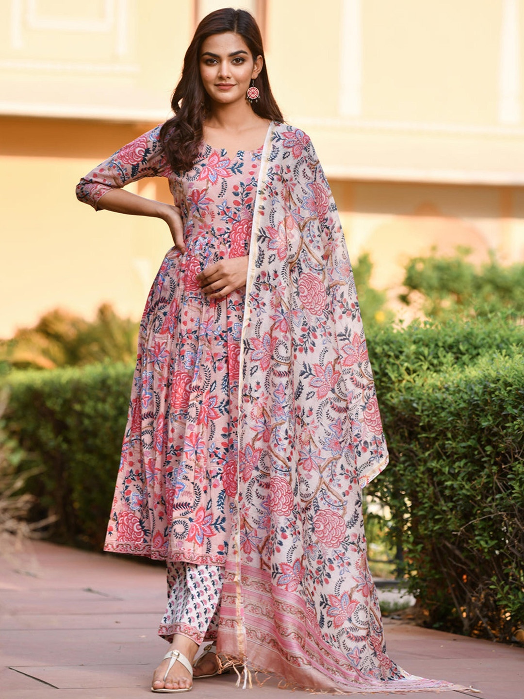 

TEREZA Floral Printed Pure Cotton Anarkali Kurta With Trousers & Dupatta, Pink