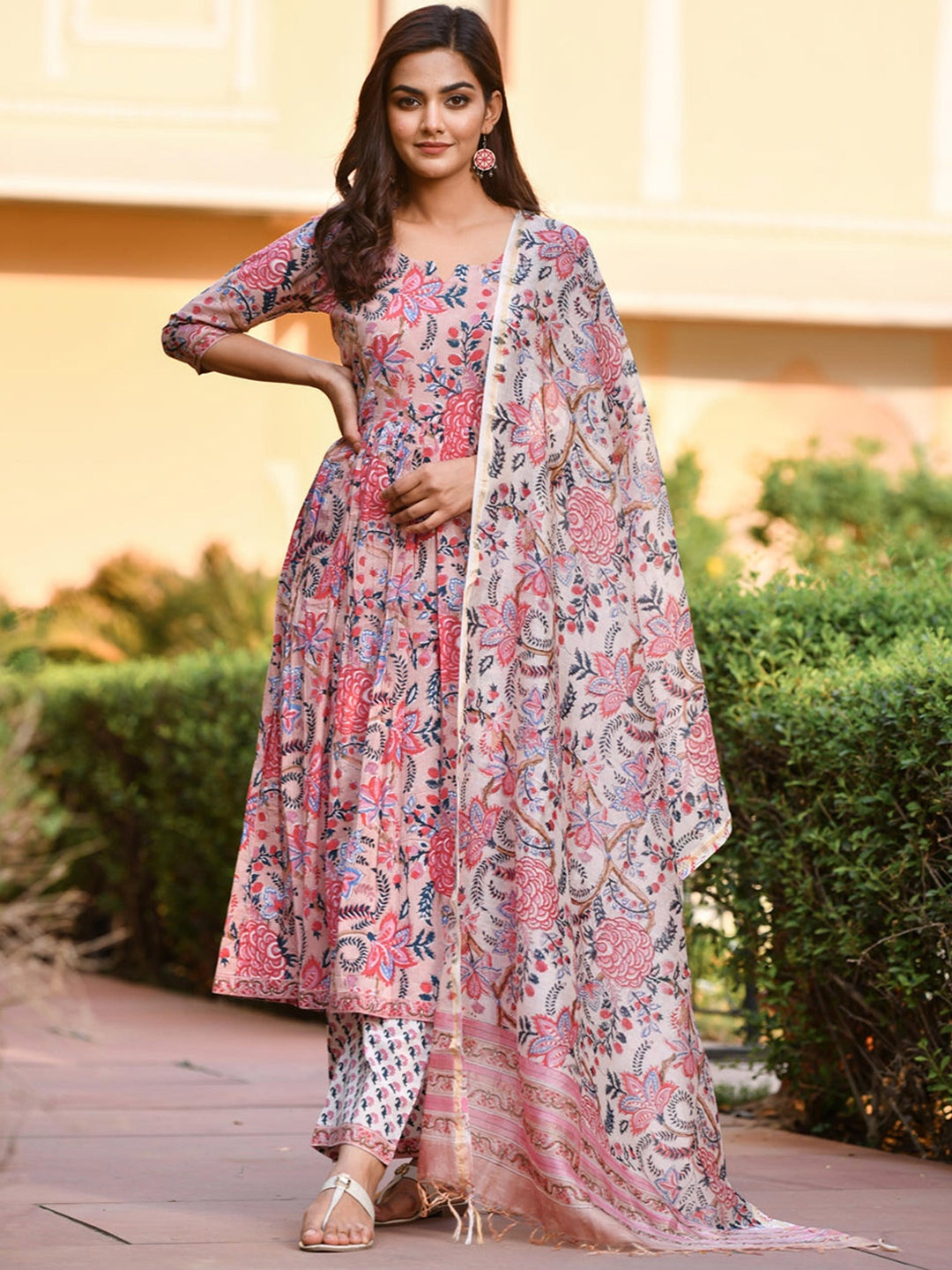

TEREZA Floral Printed Pure Cotton Anarkali Kurta With Trousers & Dupatta, Pink