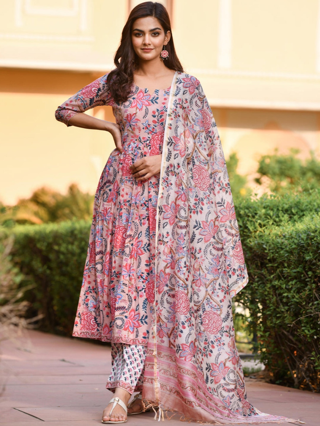 

TEREZA Floral Printed Pure Cotton Anarkali Kurta With Trousers & Dupatta, Pink