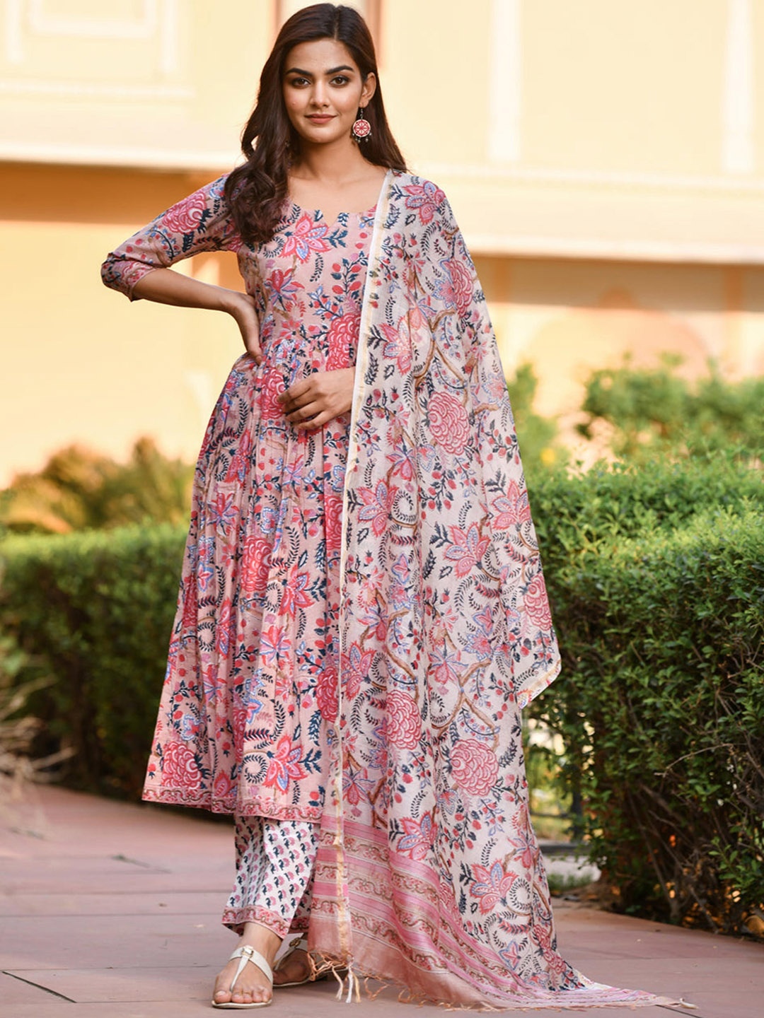 

TEREZA Floral Printed Pure Cotton Anarkali Kurta With Trousers & Dupatta, Pink