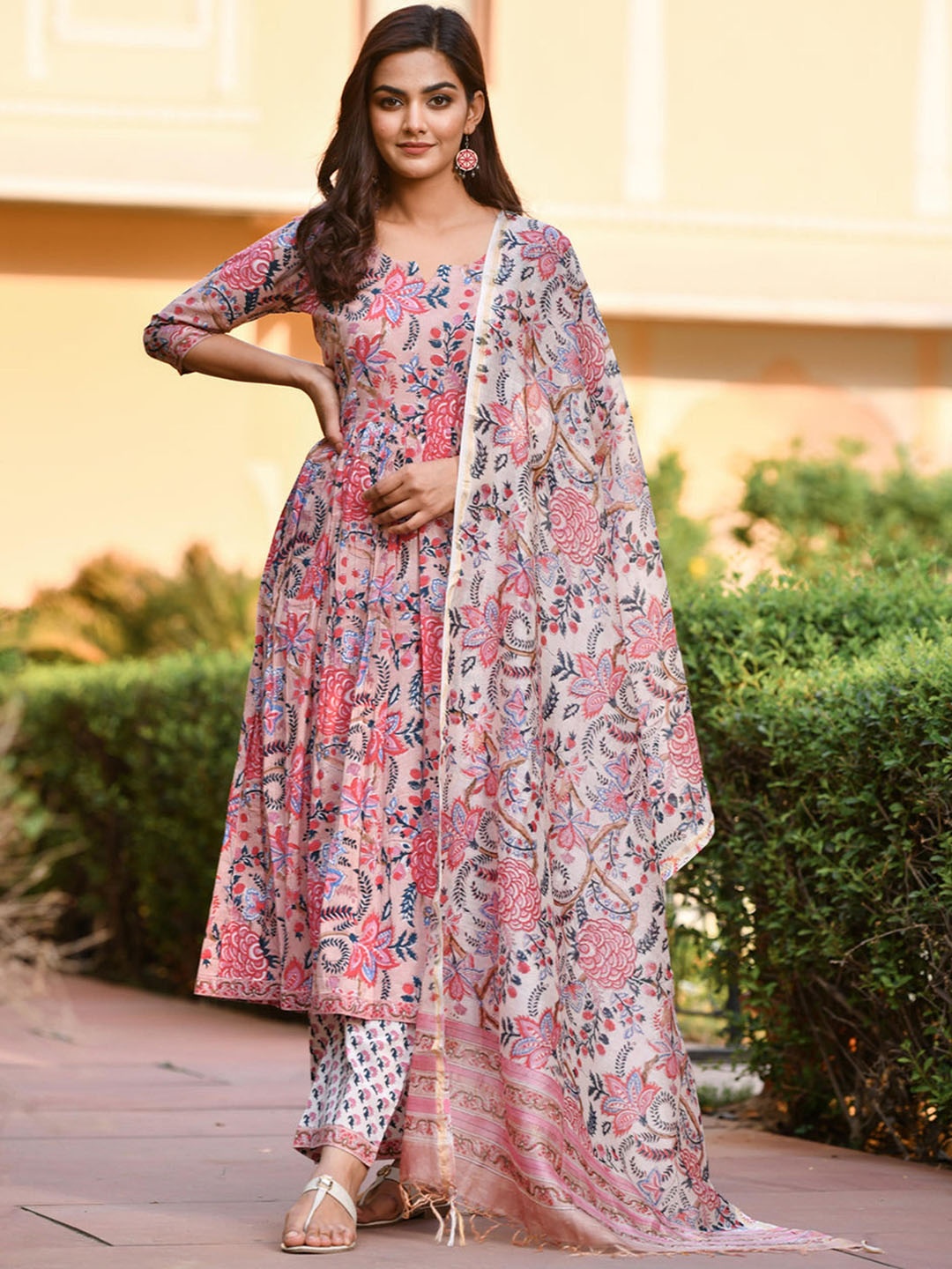 

TEREZA Floral Printed Pure Cotton Anarkali Kurta With Trousers & Dupatta, Pink