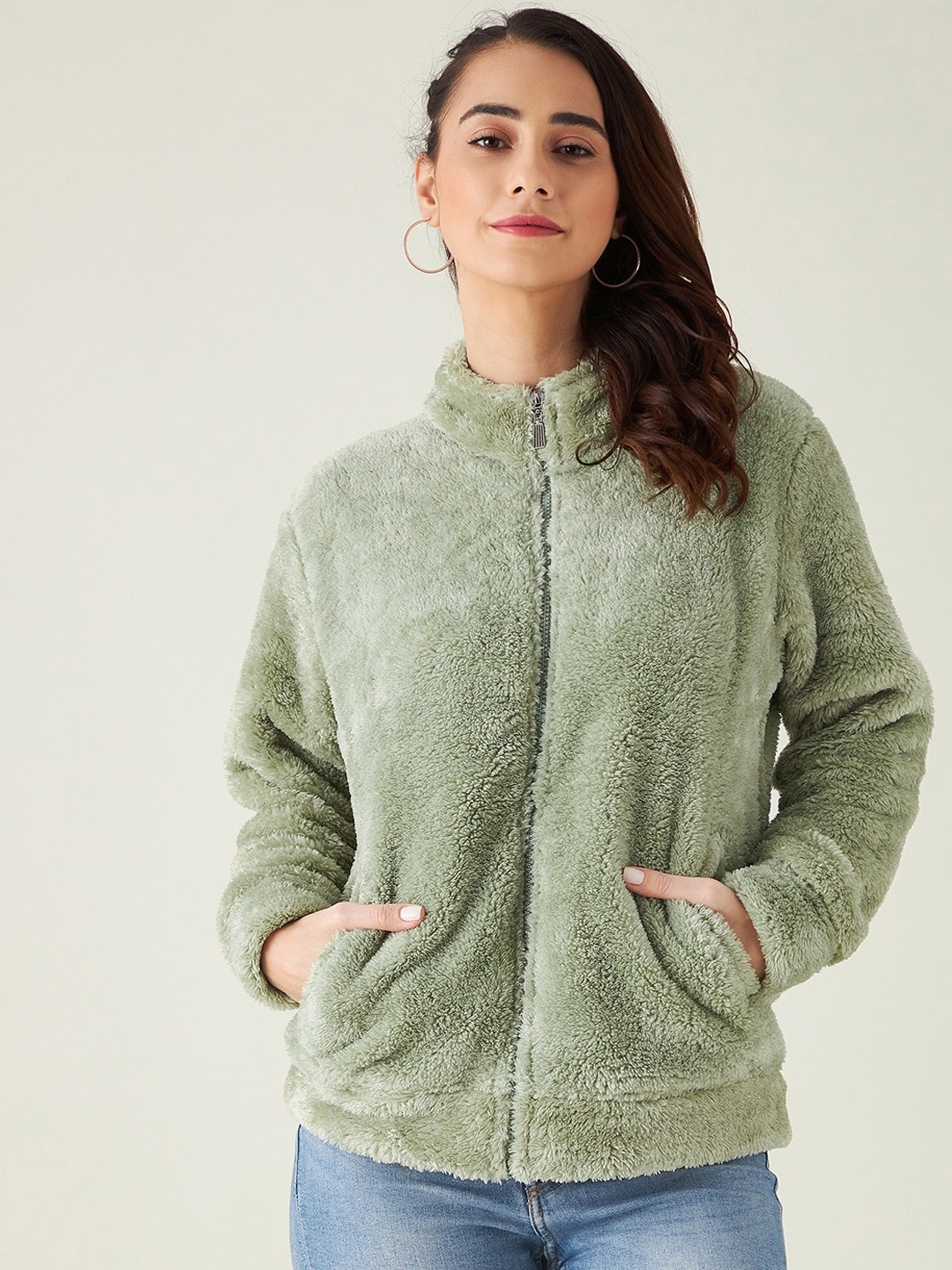 Modeve Long Sleeves Stand Collar Lightweight Open Front Jacket With Faux Fur Trim, Green