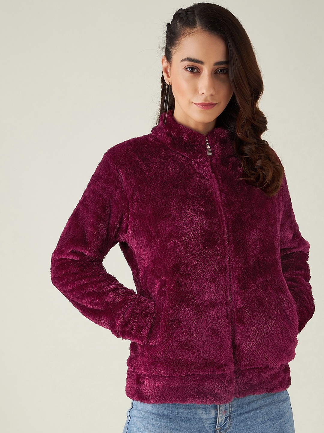 

Modeve Long Sleeves Stand Collar Lightweight Open Front Jacket With Faux Fur Trim, Maroon