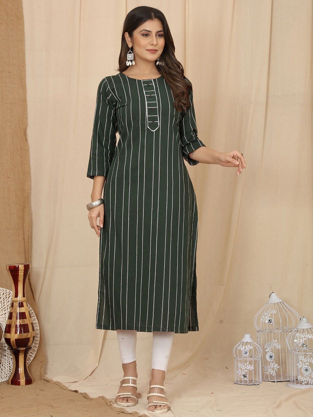 

KALINI Striped Round Neck Cotton Straight Kurta, Green