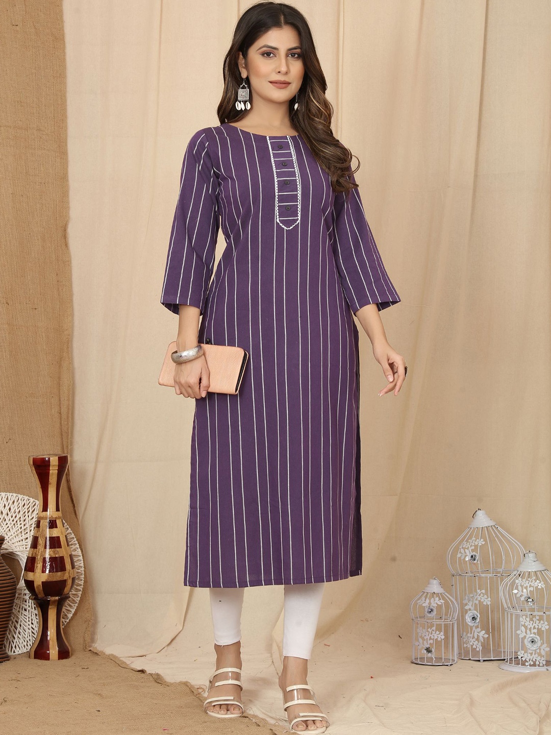 

KALINI Striped Round Neck Cotton Straight Kurta, Purple