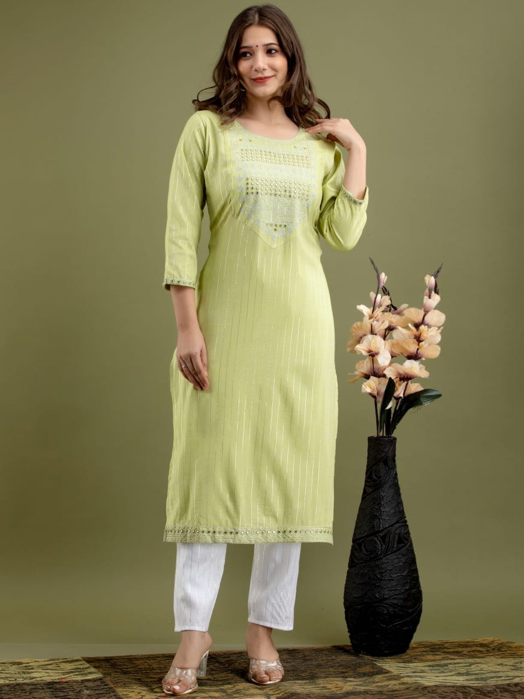 

AAYUMI Striped Thread & Mirror Work Kurta With Trousers, Yellow