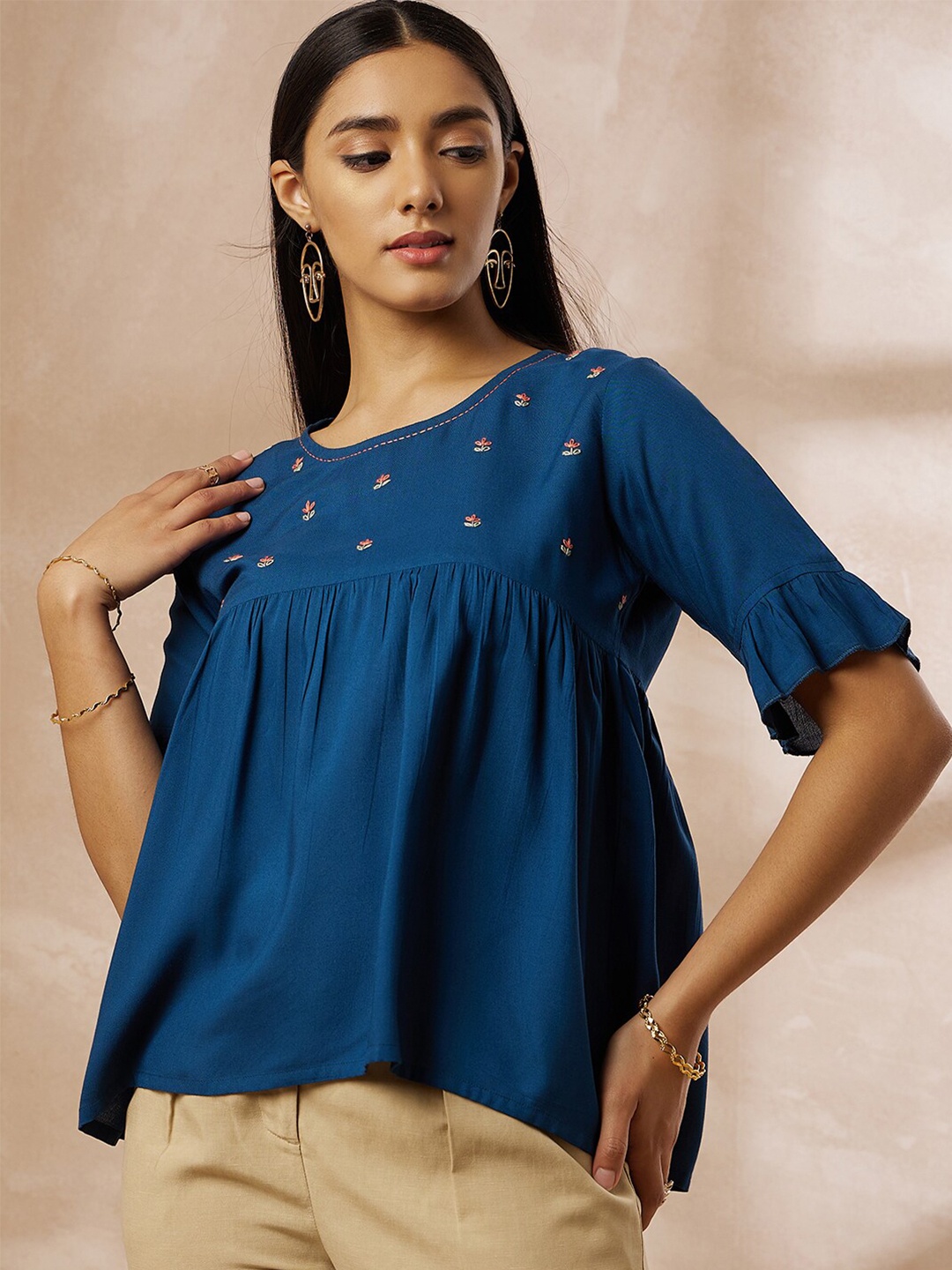

all about you Floral Embroidered Round Neck Gathered Regular Top, Teal
