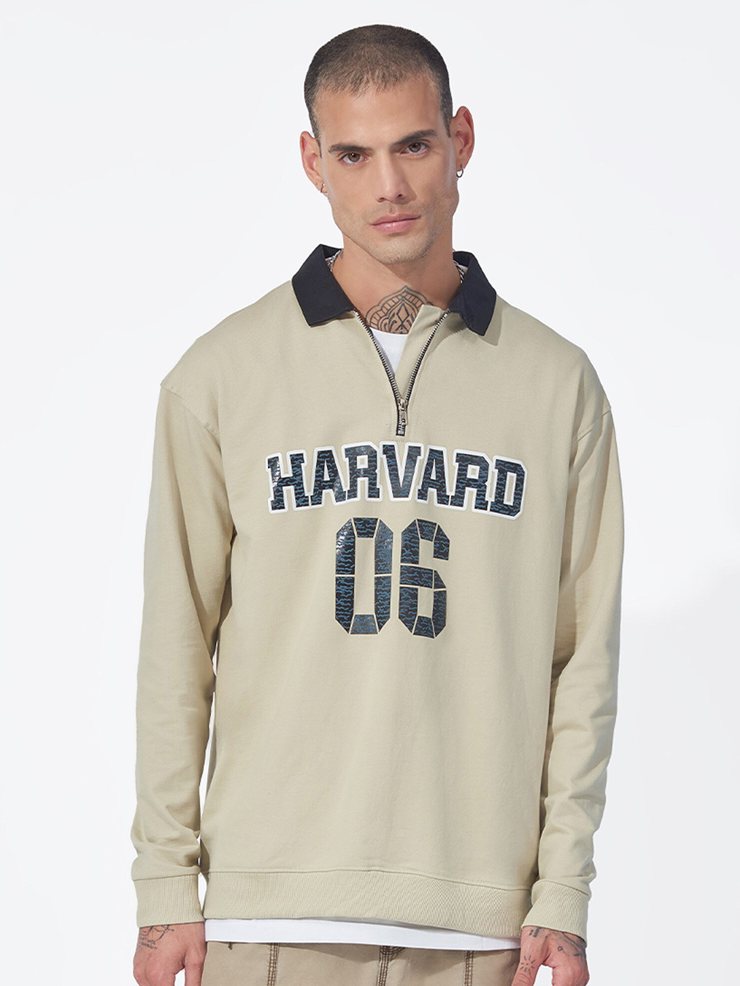 

Maniac Typography Printed Long Sleeves Cotton Pullover, Beige