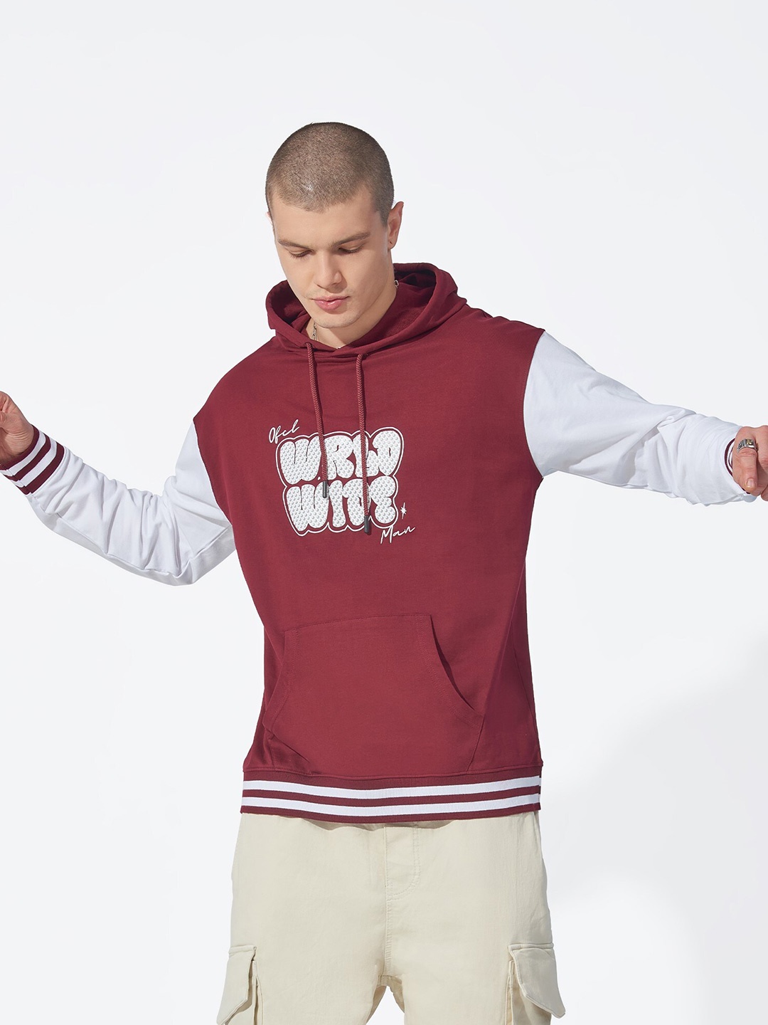 

Maniac Typography Printed Hooded Cotton Pullover Sweatshirt, Maroon