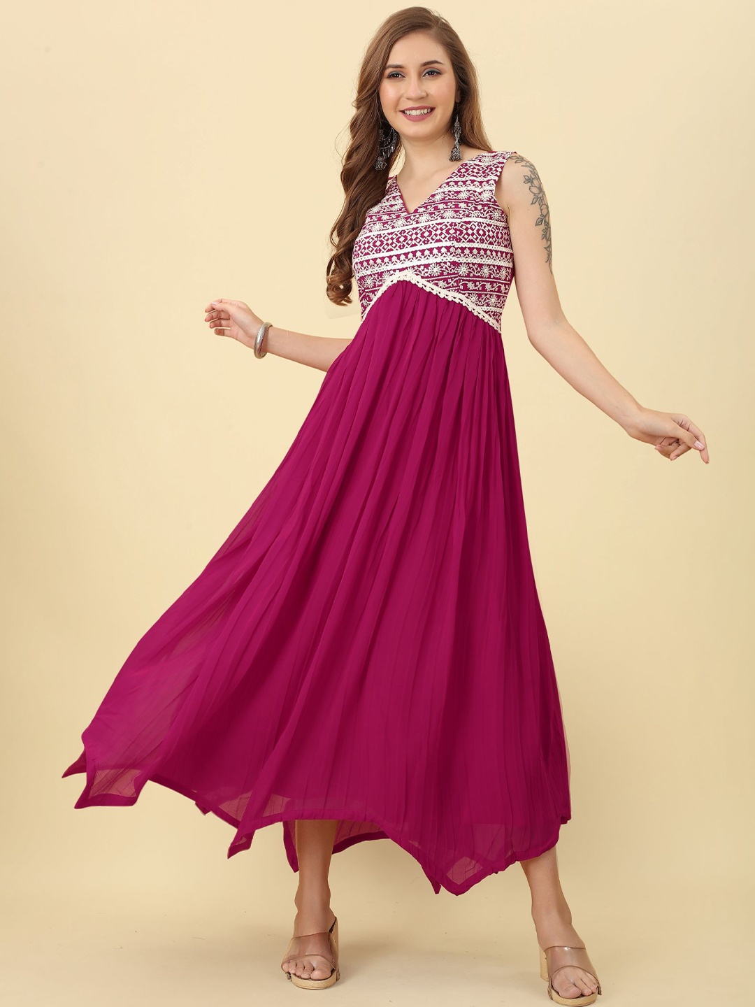 

PREMROOP- THE STYLE YOU LOVE Embroidered V-Neck Georgette Maxi Dress, Pink