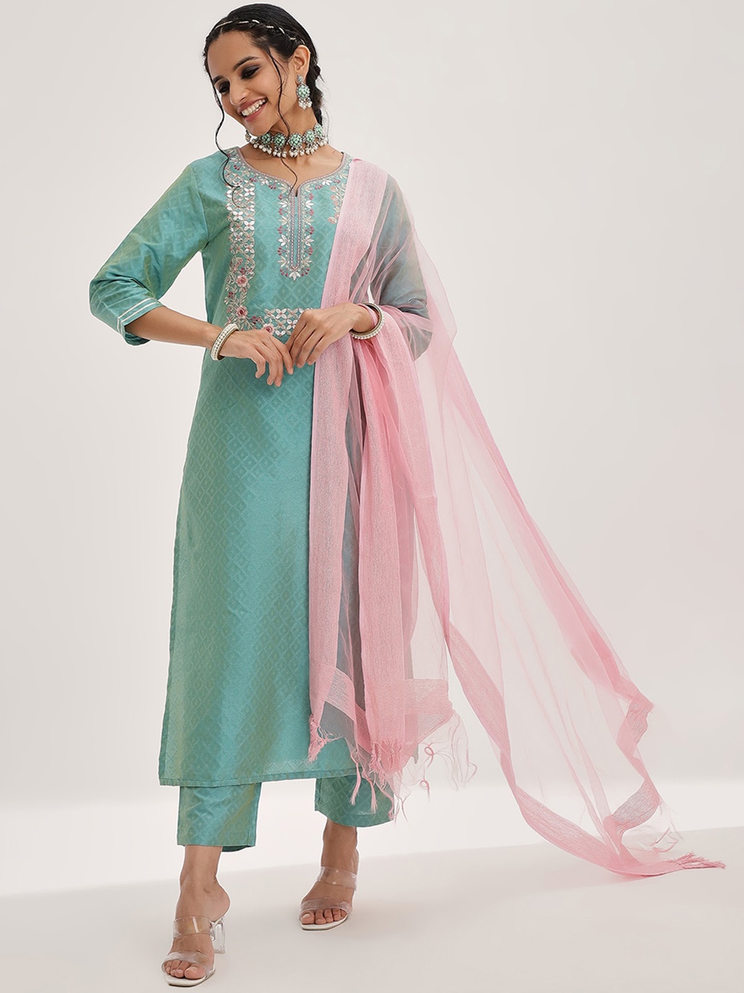 

Varanga Floral Yoke Design Gotta Patti Kurta & Trousers With Dupatta, Sea green