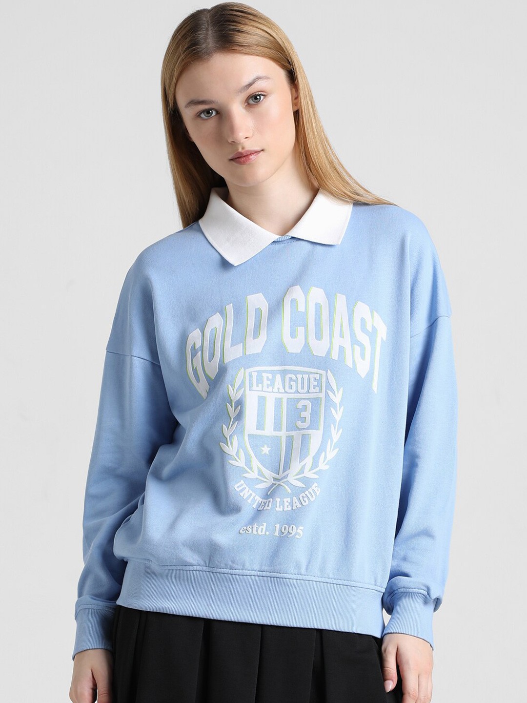 

ONLY Onlarizona Typography Printed Shirt Collar Pure Cotton Pullover Sweatshirt, Blue