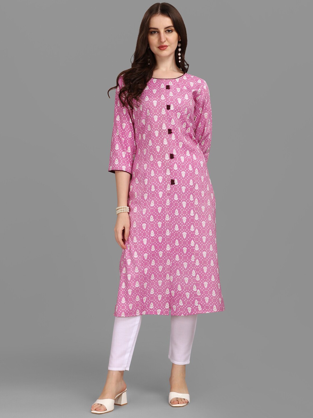 

Anouk Ethnic Motifs Printed Round Neck Straight Kurta, Pink