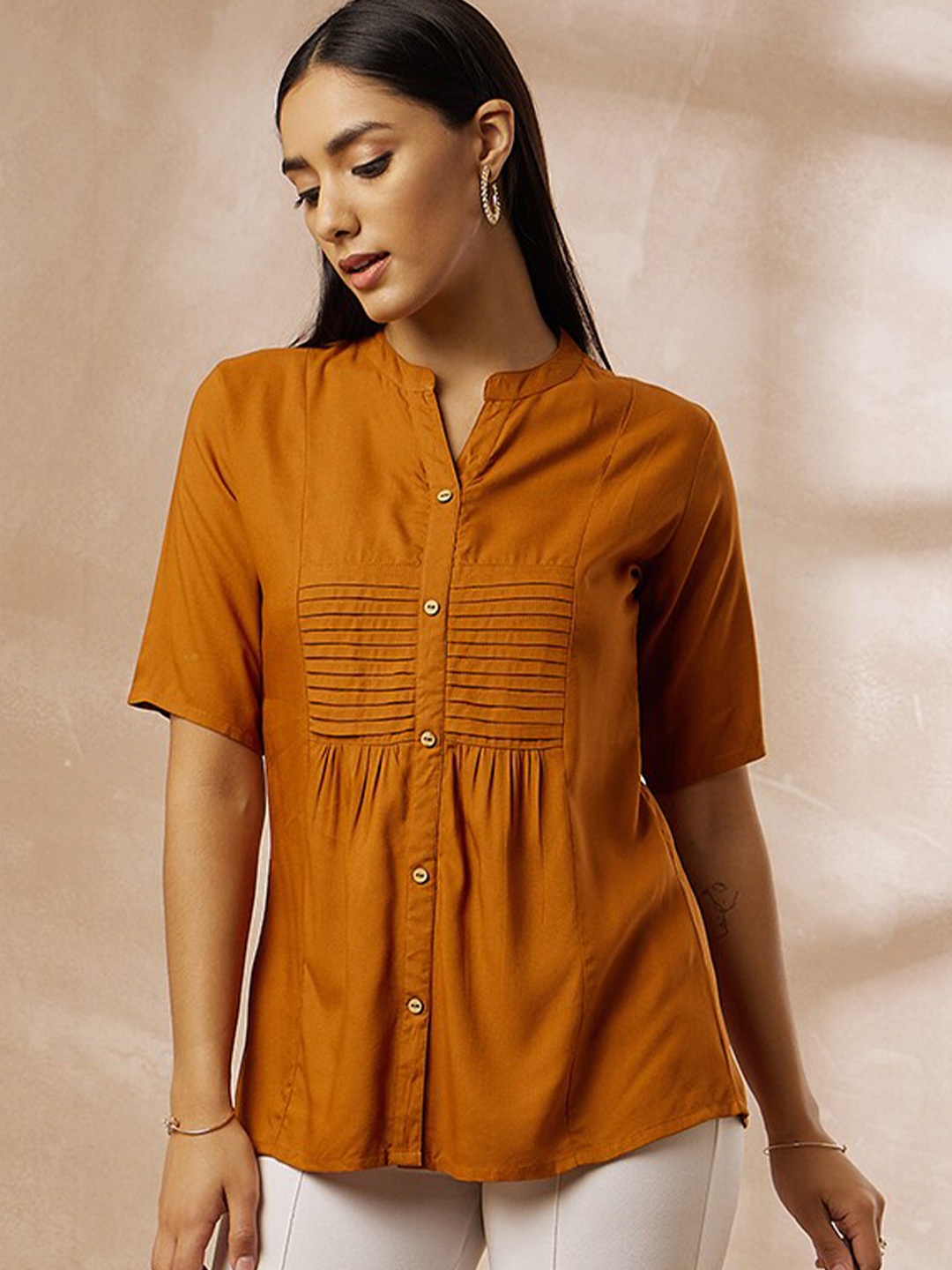 

all about you Mandarin Collar Pintuck Top, Rust