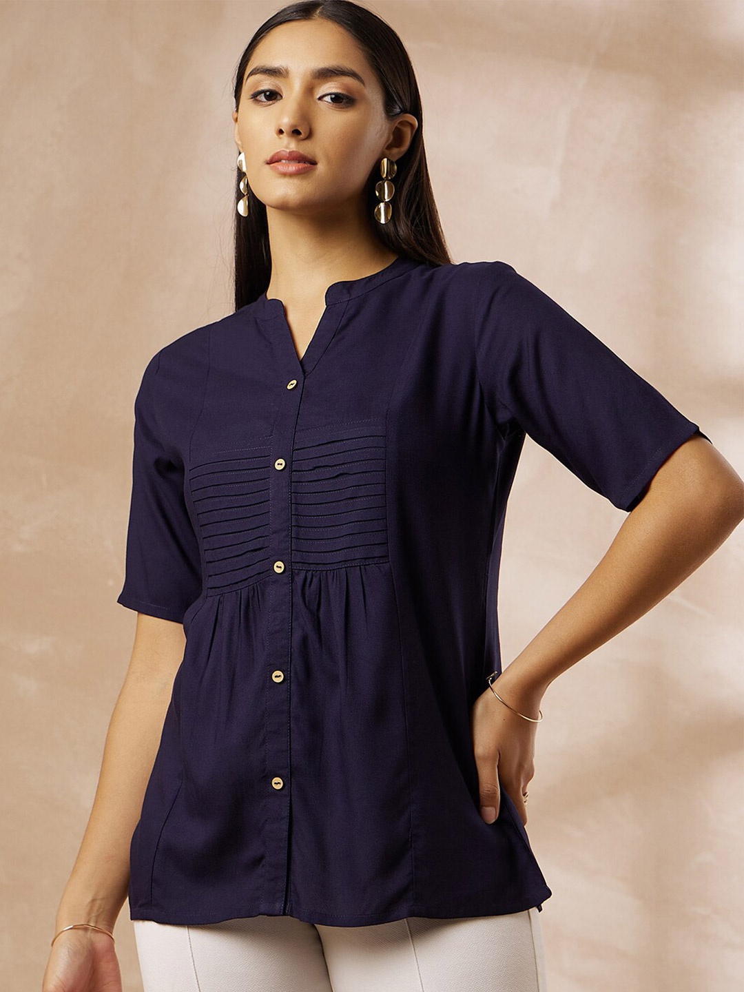 

all about you Mandarin Collar Viscose Rayon Top, Navy blue