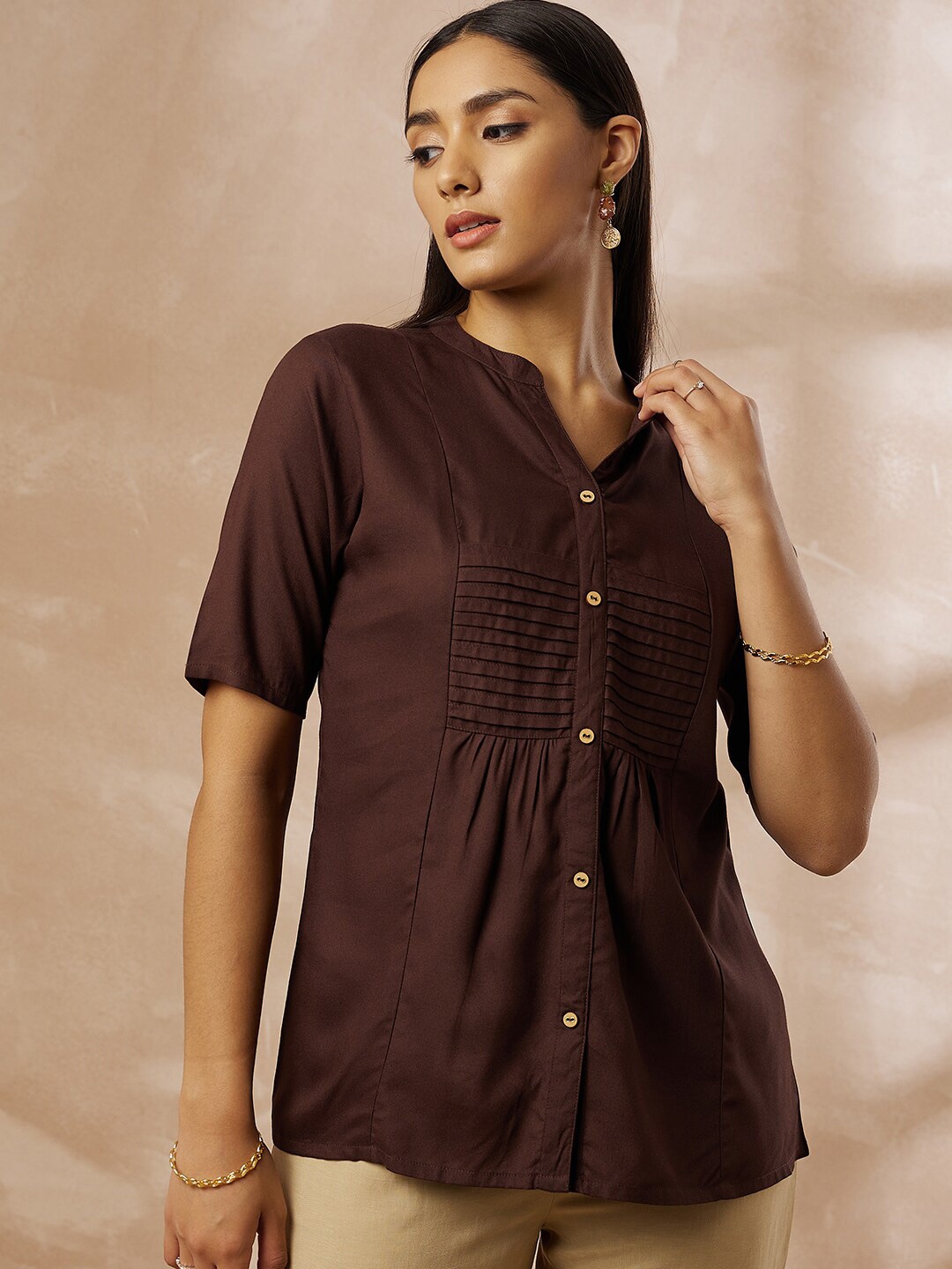 

all about you Mandarin Collar Gathered Viscose Rayon Shirt Style Top, Maroon